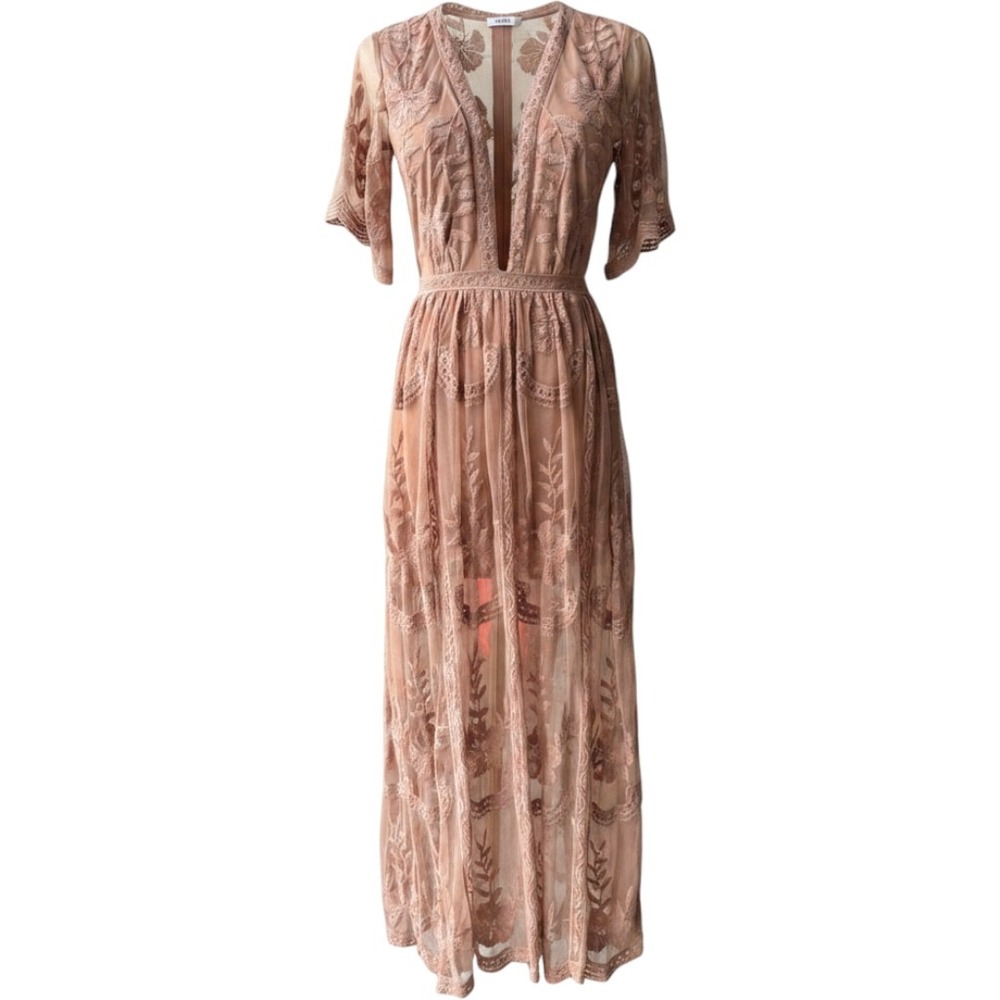 Honey Punch Lace Maxi Dress Womens S Mauve Pink Boho‎ Wedding Guest Sheer Lined
